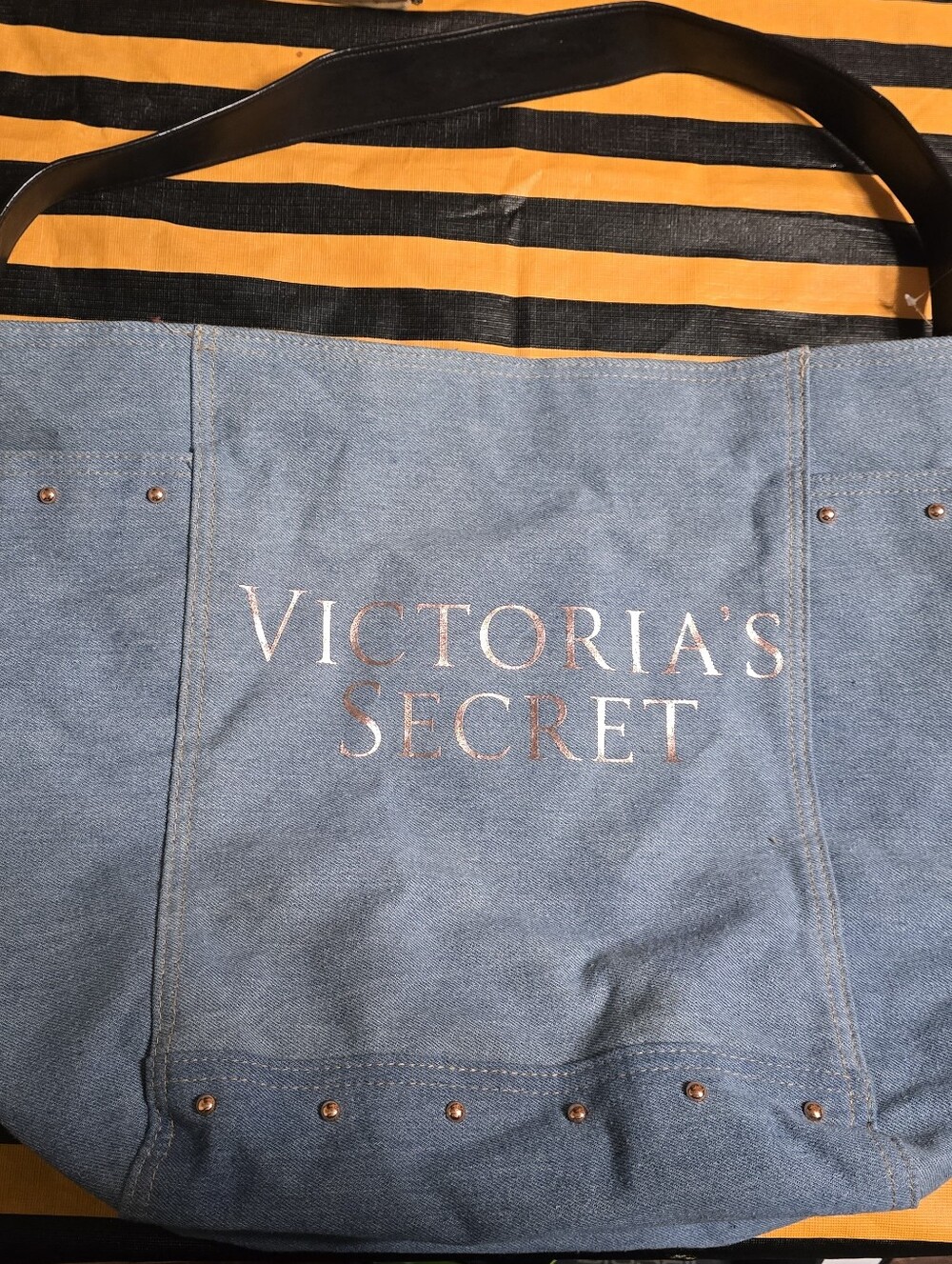 Victoria's Secret Denim Blue Canvas Tote with Rose-Gold Logo